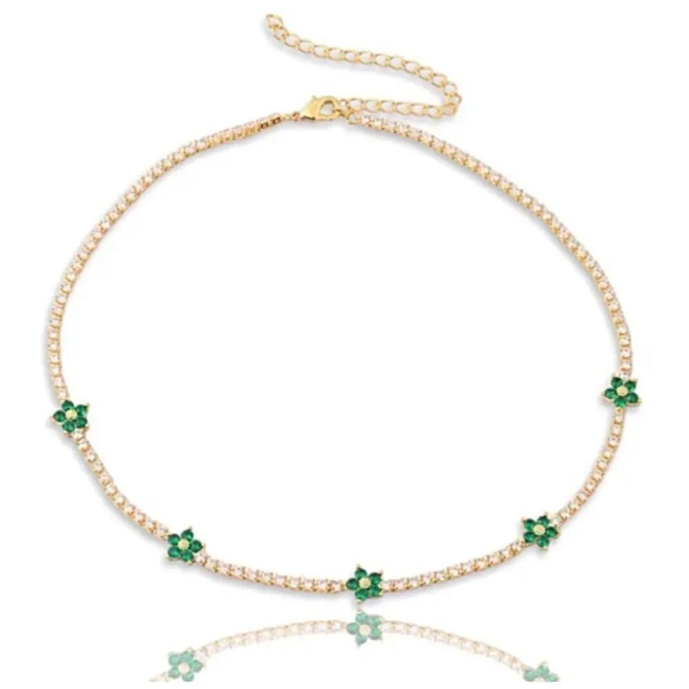 Emerald green flower sparkly cubic zirconia tennis necklace 